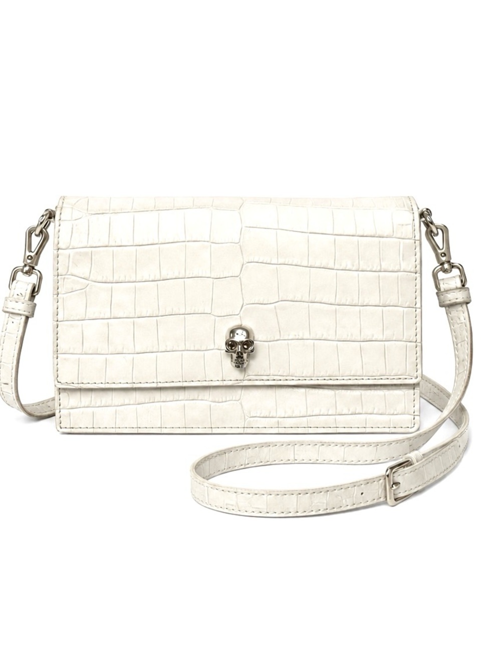 Alexander McQueen Small Skull White Crocodile-Embossed Leather Crossbody Bag